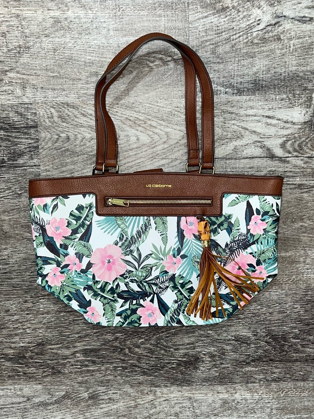 Liz Claiborne Floral and Tropical Leaf Print Pink and Green Tote Bag